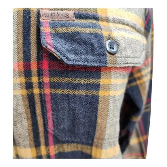 Orvis Shacket XL Men Brown Plaid Flannel Cotton Button Front Outdoor Camp Cabin - Picture 10 of 16